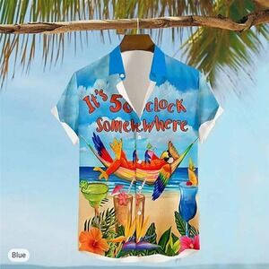 Jogal Parrot 5 O'clock Somewhere Bar Hawaiian Men's Button Shirt Size Large